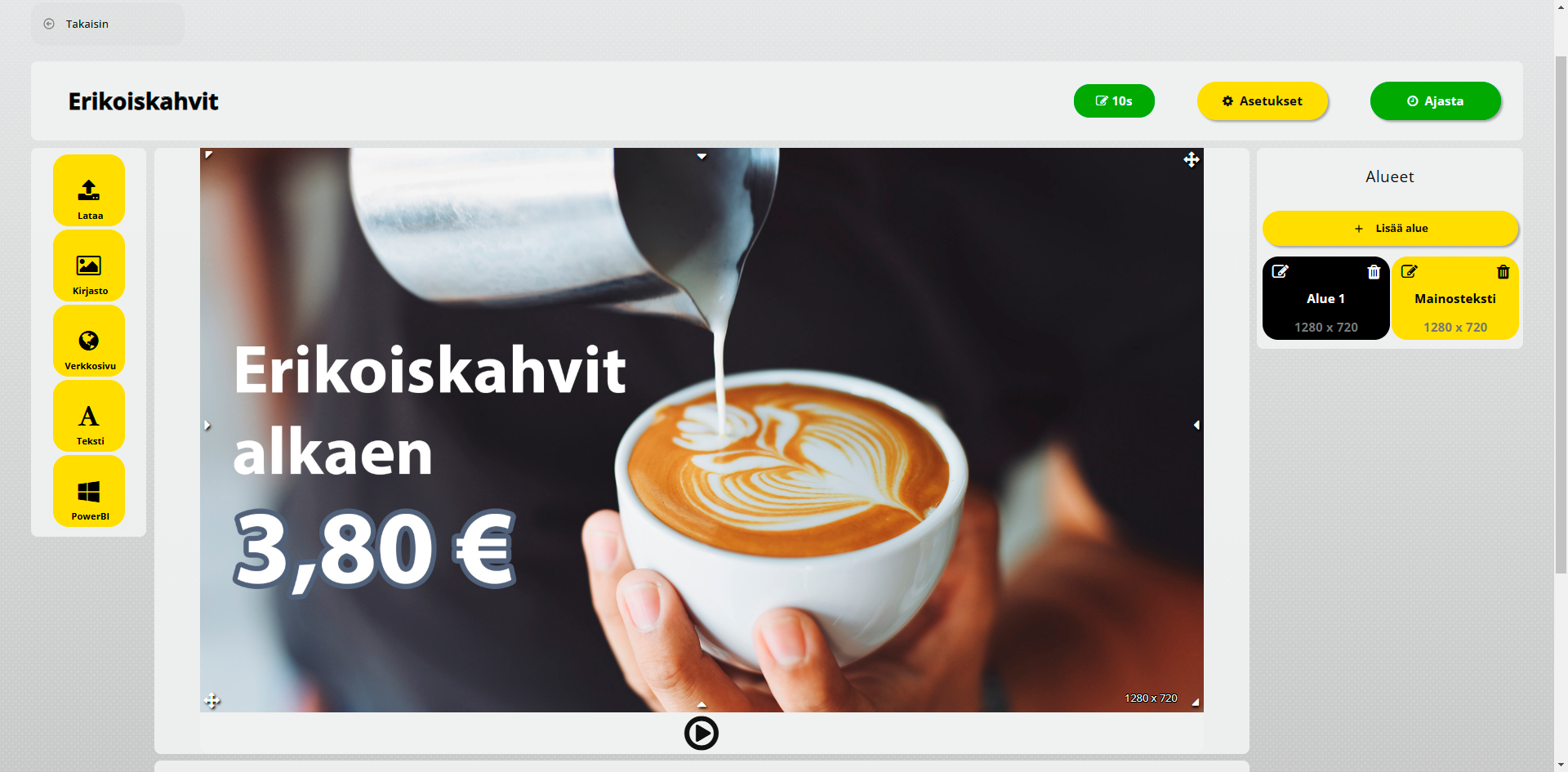 Infonäyttöohjelmiston dia-editori helpottaa sisällön uudelleen käyttöä viestin muuttuessa.